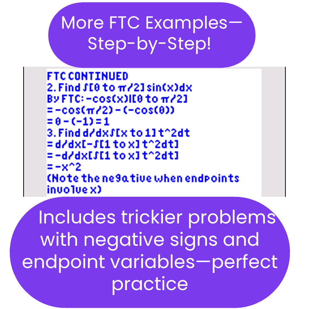 ti84 program explaining FTC examples with integration problems.