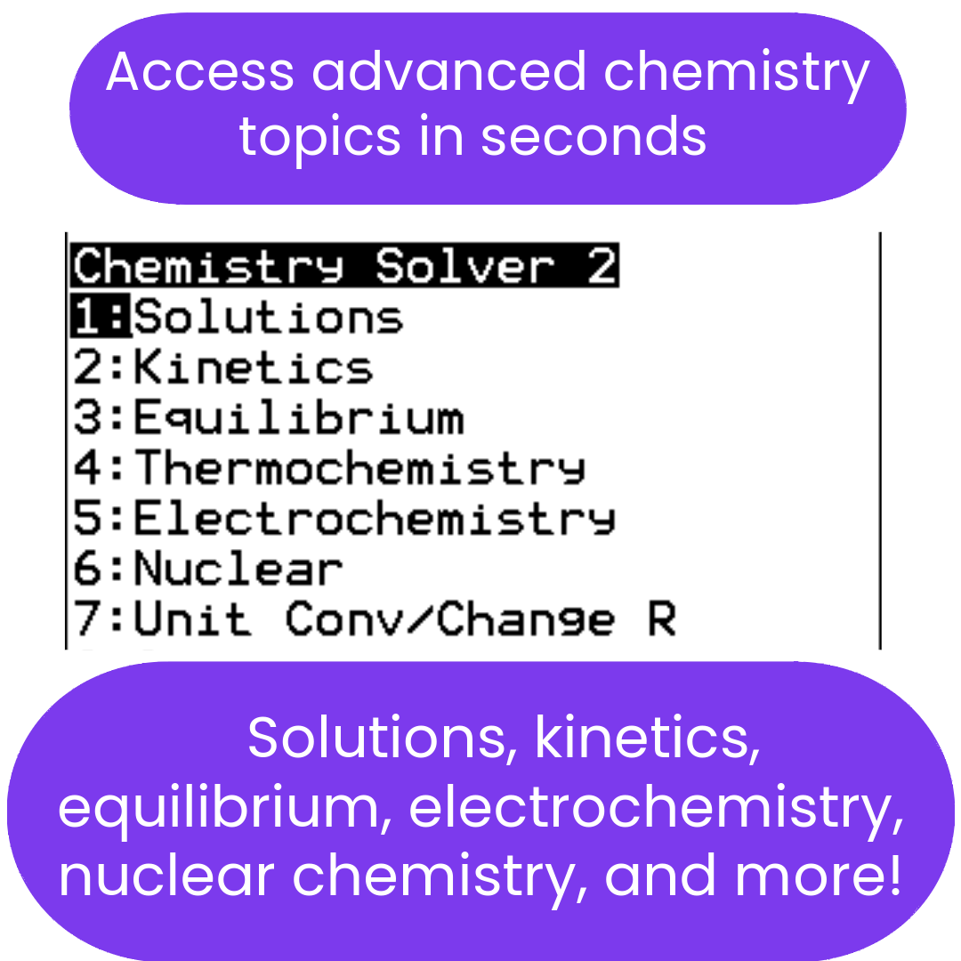 Menu of advanced chemistry topics ti84 program with a focus on solutions and kinetics.
