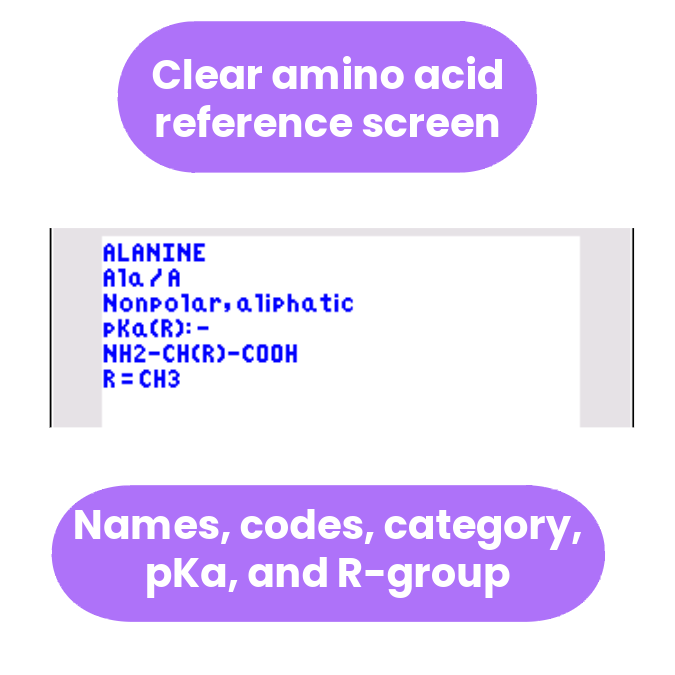 Clear amino acid reference screen with text about alanine ti84 program 
