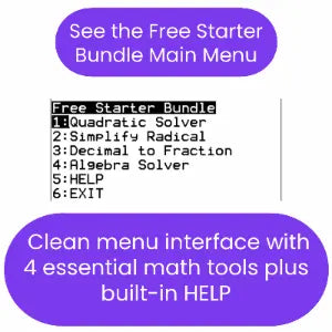 Menu interface with options for a free ti84 program starter bundle