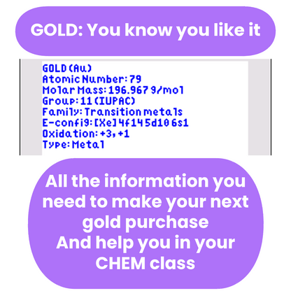 Information about gold displayed on a white background with purple text in ti84 program boxes.