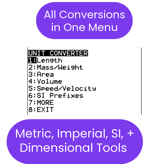 Unit converter ti84 program menu with options for length, mass/weight, area, volume, speed/velocity, SI prefixes, and more, on a white background.