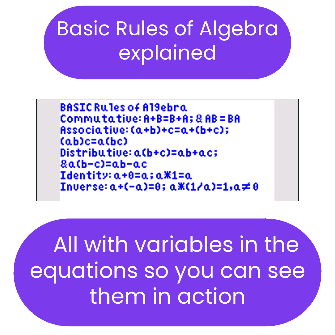 Text explaining basic rules of algebra with equations including variables on a white background.