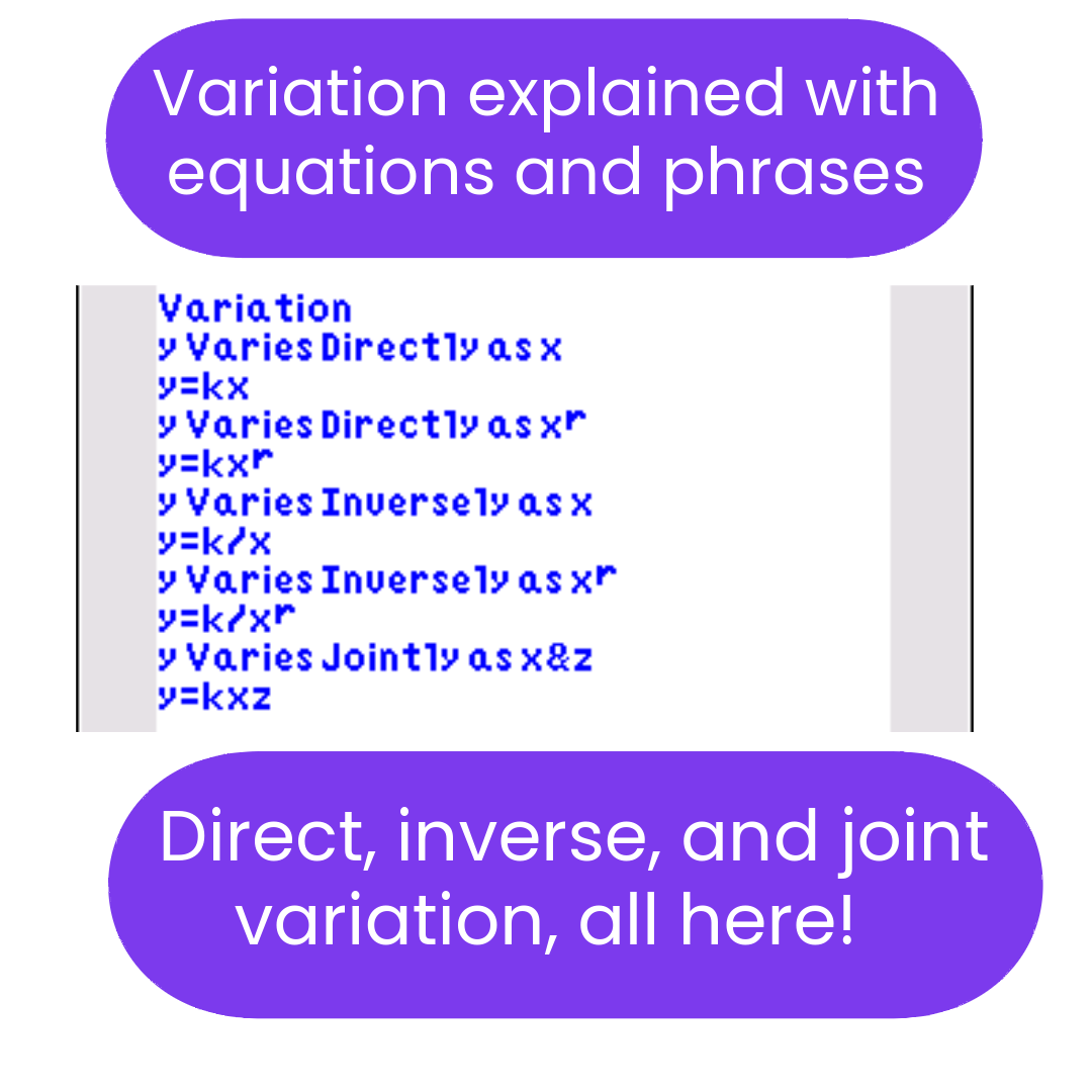 Text explaining variations with equations on a white background with purple text boxes.