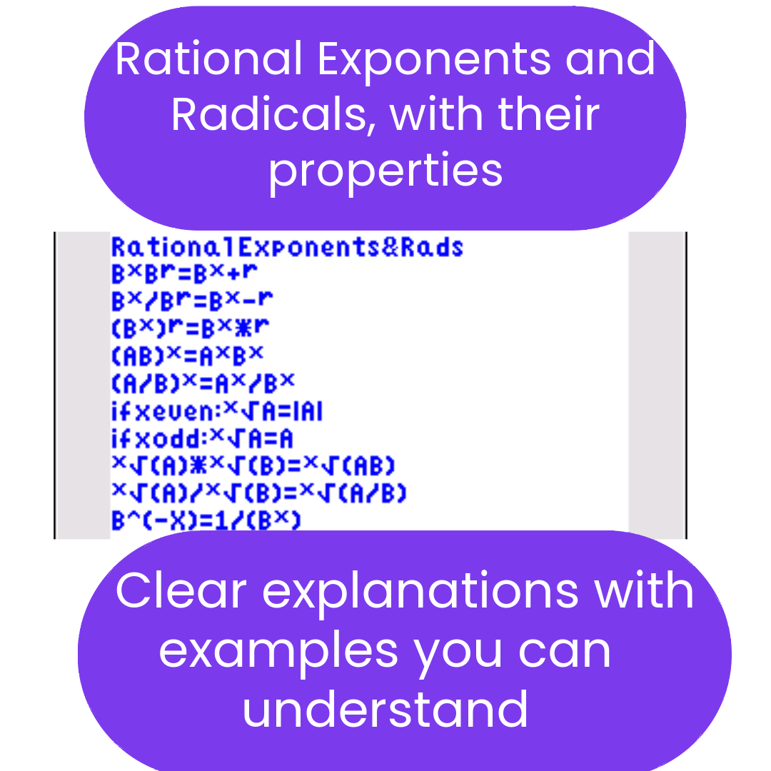 Educational content on rational exponents and radicals with properties displayed on a whiteboard.