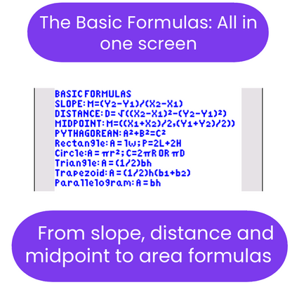 List of basic formulas displayed on a white background with purple text boxes.