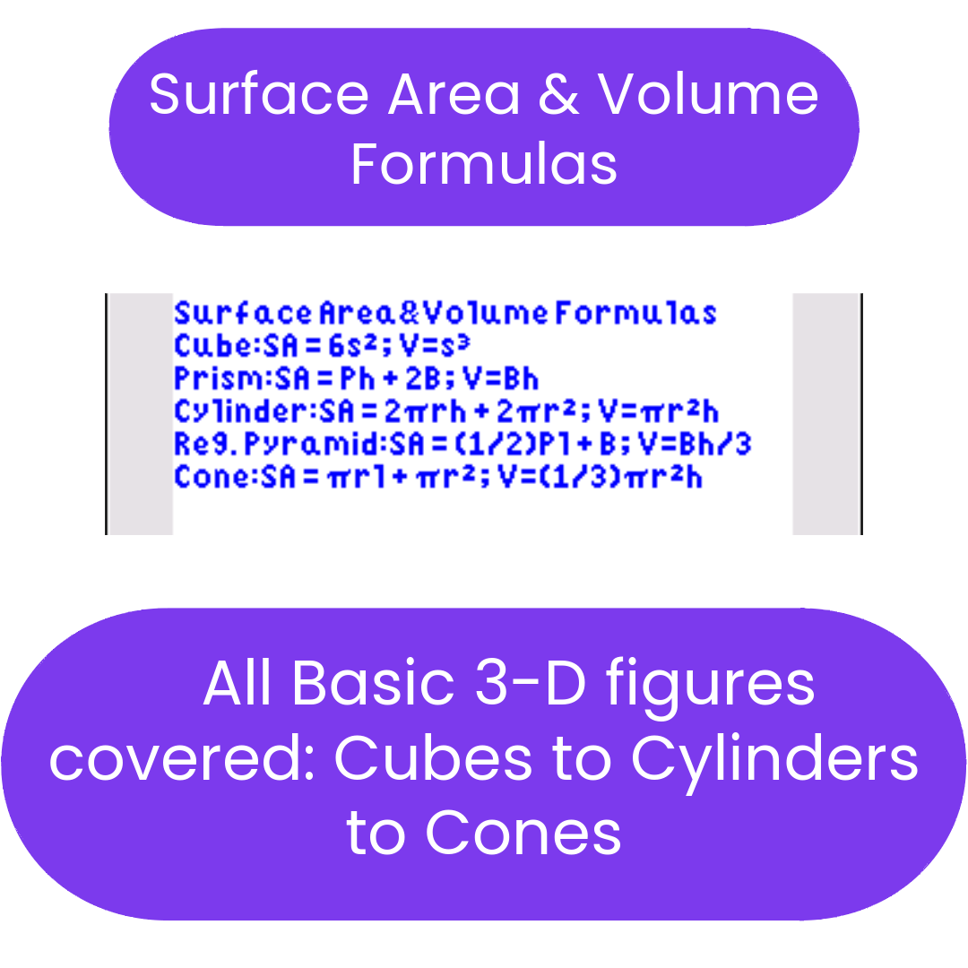 Formulas for surface area and volume of basic 3D figures on a white background with purple text boxes.