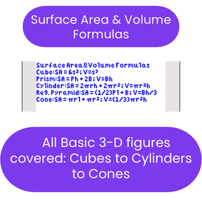 Formulas for surface area and volume of basic 3D figures on a white background with purple text boxes.