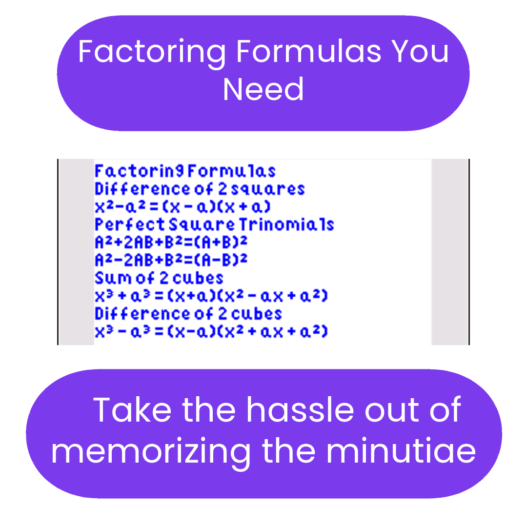 List of factoring formulas with a purple banner and white background