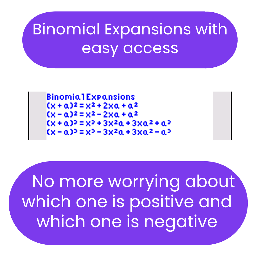 Binomial expansions formula with positive and negative signs on a white background