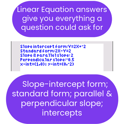 Text explaining linear equation forms and concepts with a purple speech bubble.