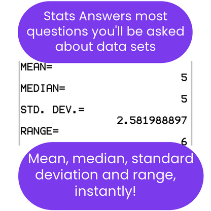 Text-based interface showing statistical calculations with mean, median, standard deviation, and range on a white background.