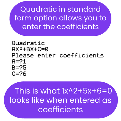 Quadratic equation input iti84 program  with coefficients A, B, and C displayed on a white background.
