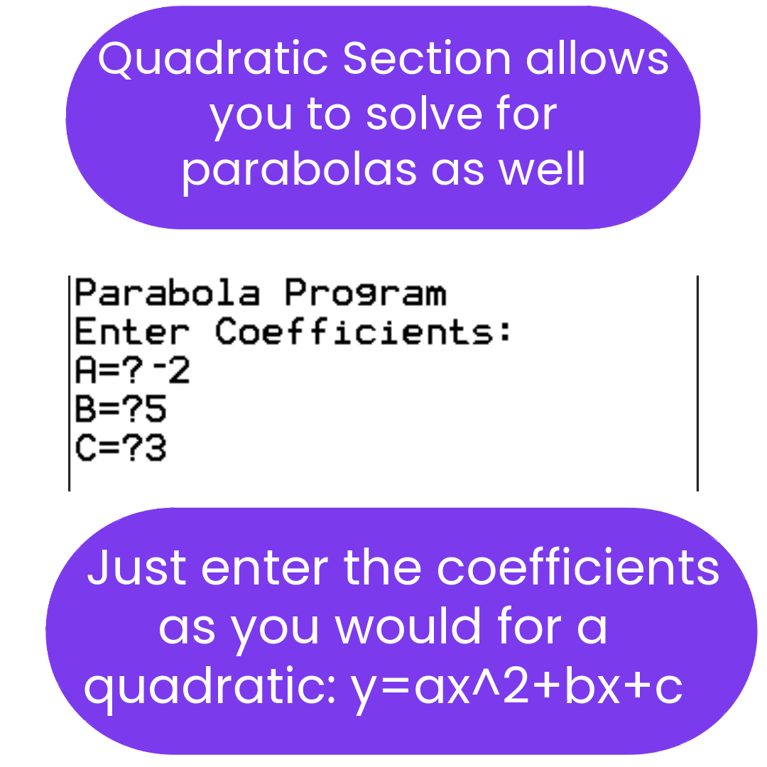 ti84 program interface with quadratic equation coefficients input on a white background