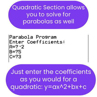 ti84 program interface with quadratic equation coefficients input on a white background