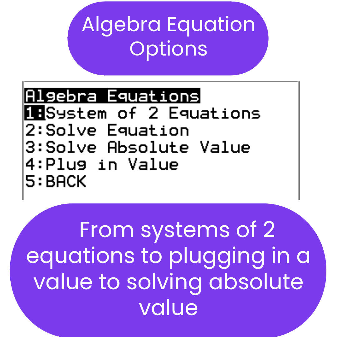 Menu of algebra equation options on a white background with purple text boxes.
