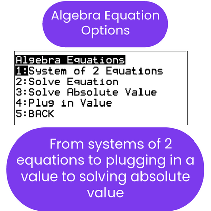 Menu of algebra equation options on a white background with purple text boxes.