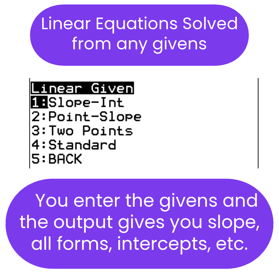 Text-based interface for solving linear equations with options and explanations.