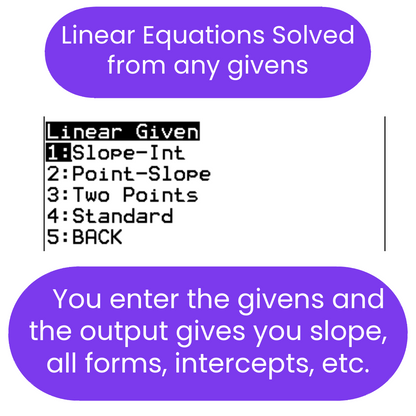Text-based interface for solving linear equations with options and explanations.