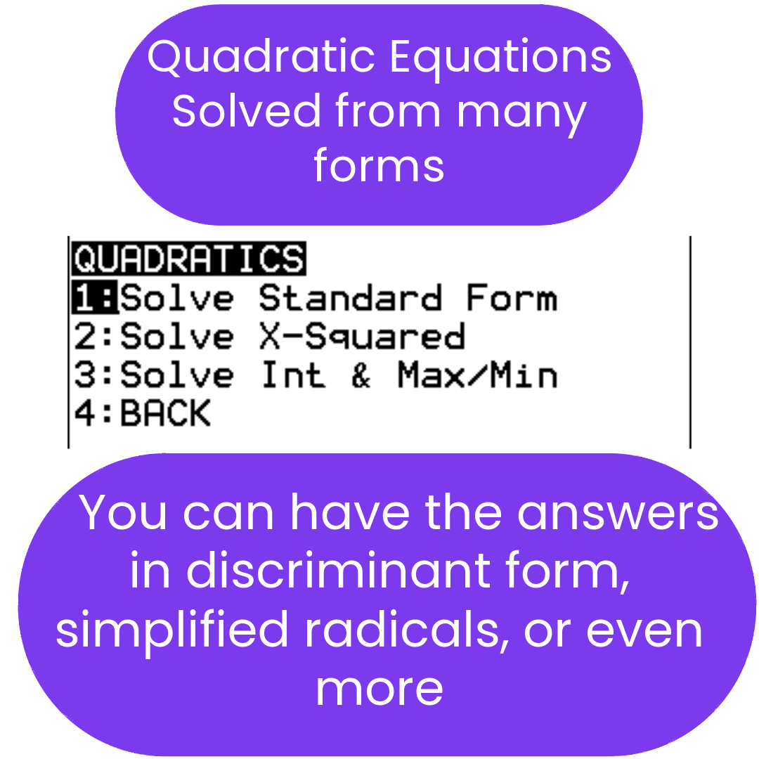 Text-based interface for solving quadratic equations with options and explanations.