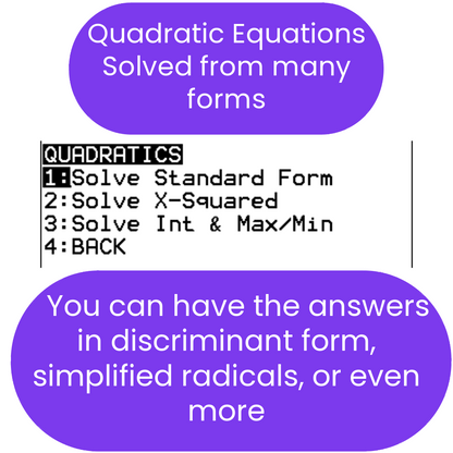 Text-based interface for solving quadratic equations with options and explanations.