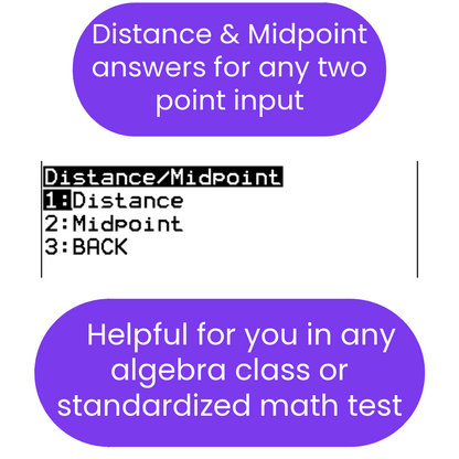 Menu or interface with options for distance and midpoint calculations on a white background.