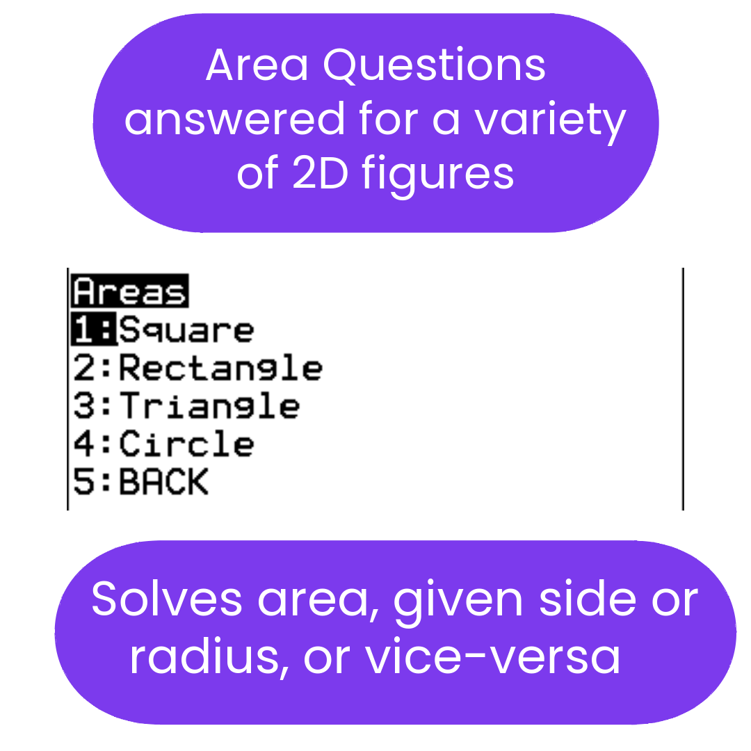 Text-based interface for calculating areas of 2D figures with options for square, rectangle, triangle, and circle.