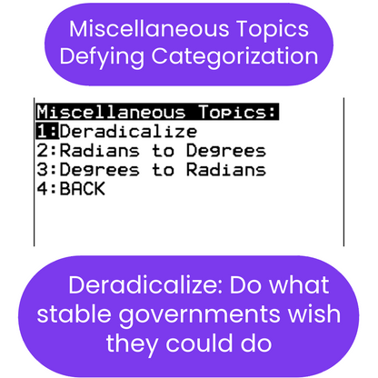 Menu or interface with text options and a humorous comment about stable governments.