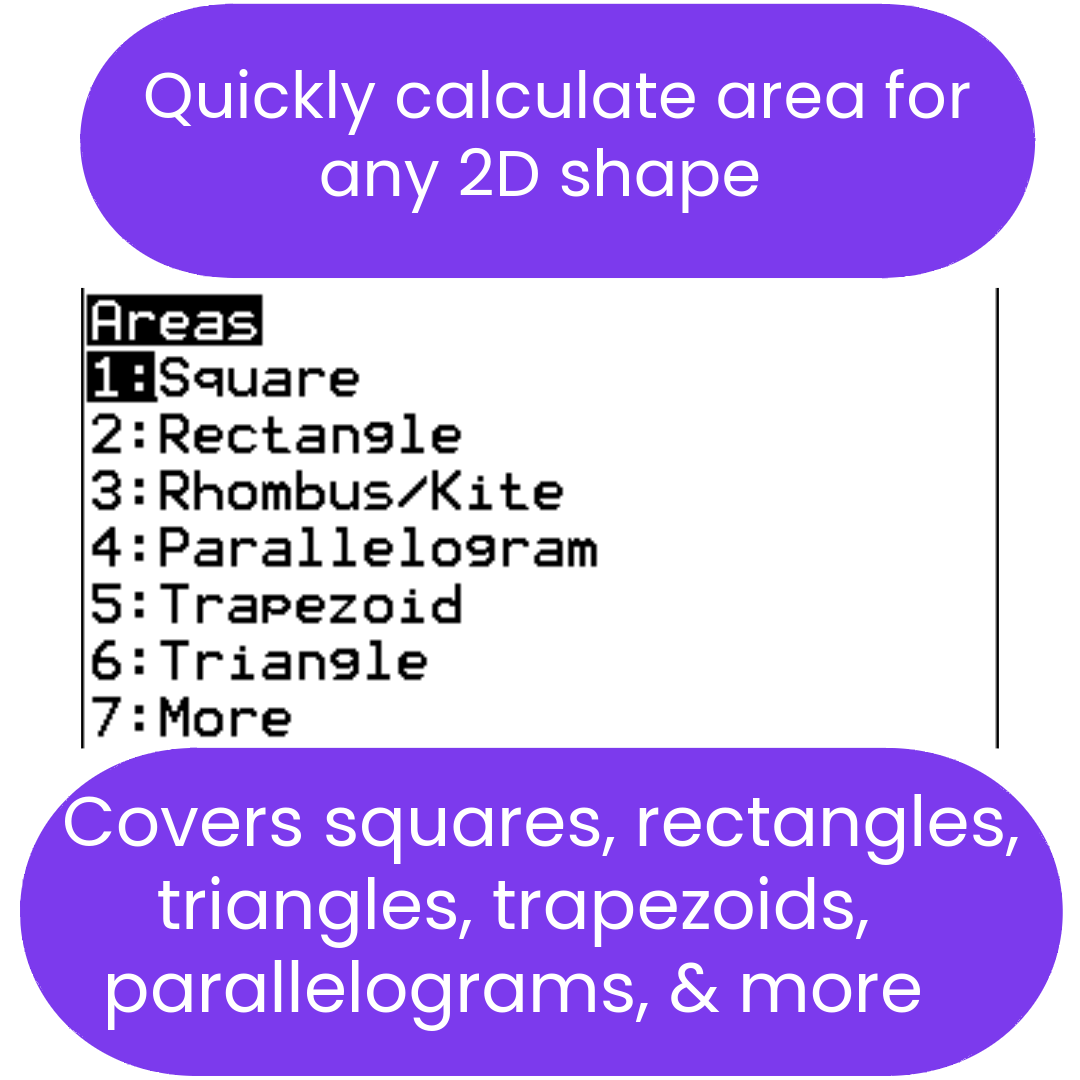 Promotional graphic for AREA2D ti84 calculator program, listing supported shapes such as square, rectangle, rhombus/kite, parallelogram, triangle, and more.