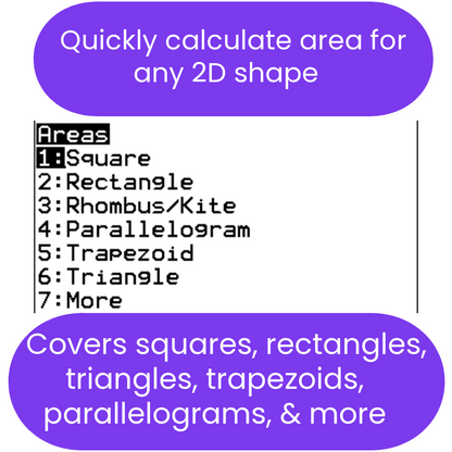 Promotional graphic for AREA2D ti84 calculator program, listing supported shapes such as square, rectangle, rhombus/kite, parallelogram, triangle, and more.