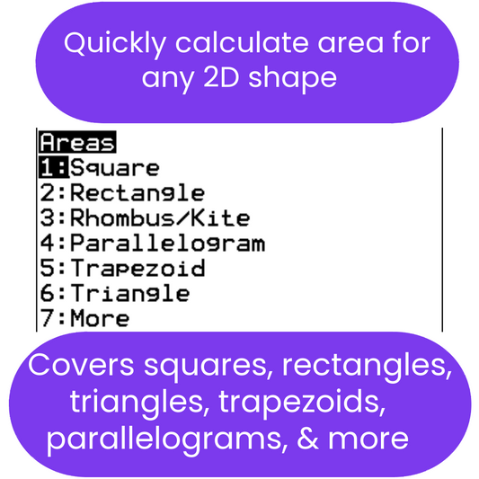 Promotional graphic for AREA2D ti84 calculator program, listing supported shapes such as square, rectangle, rhombus/kite, parallelogram, triangle, and more.