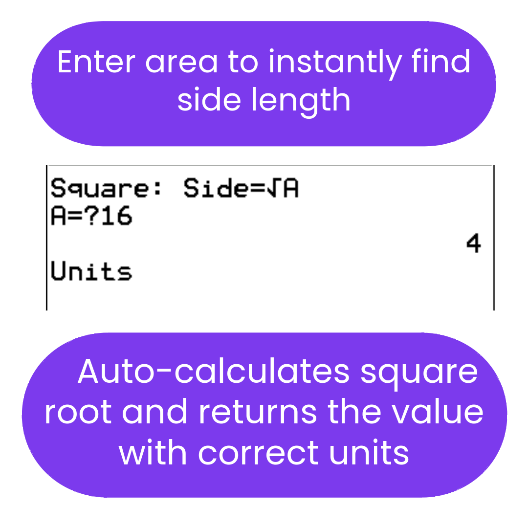 Interactive calculation tool for finding side length of a square given area.