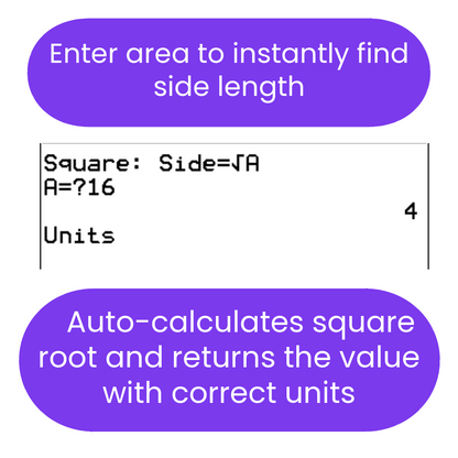 Interactive calculation tool for finding side length of a square given area.