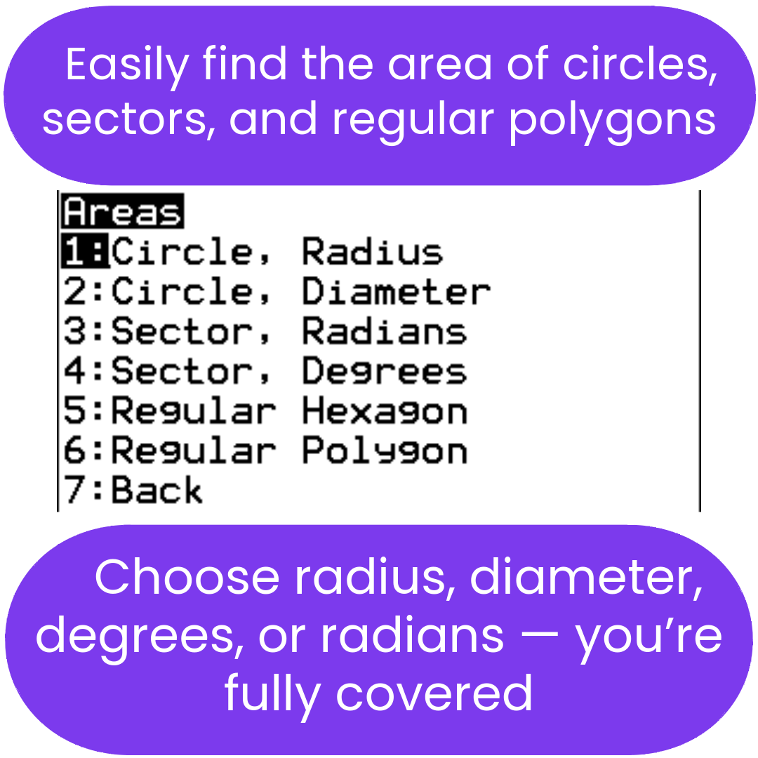 Menu or interface displaying options for calculating areas of geometric shapes with a purple background.