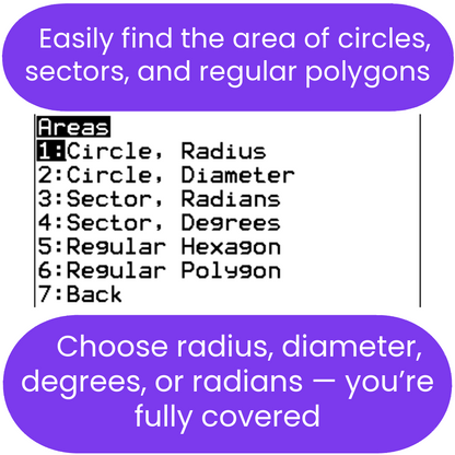 Menu or interface displaying options for calculating areas of geometric shapes with a purple background.