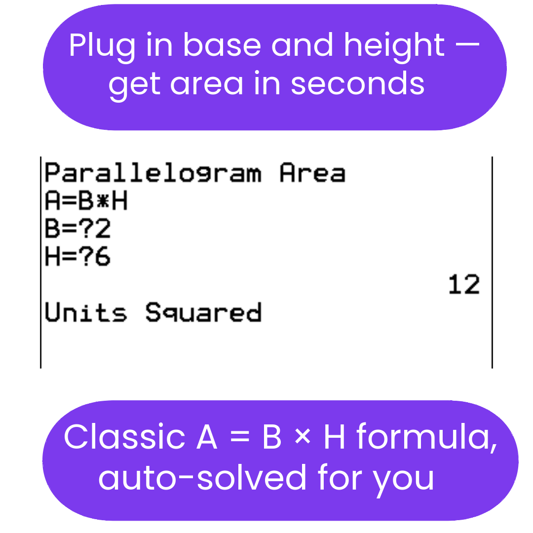 Mathematical problem solving interface displaying a parallelogram area calculation.