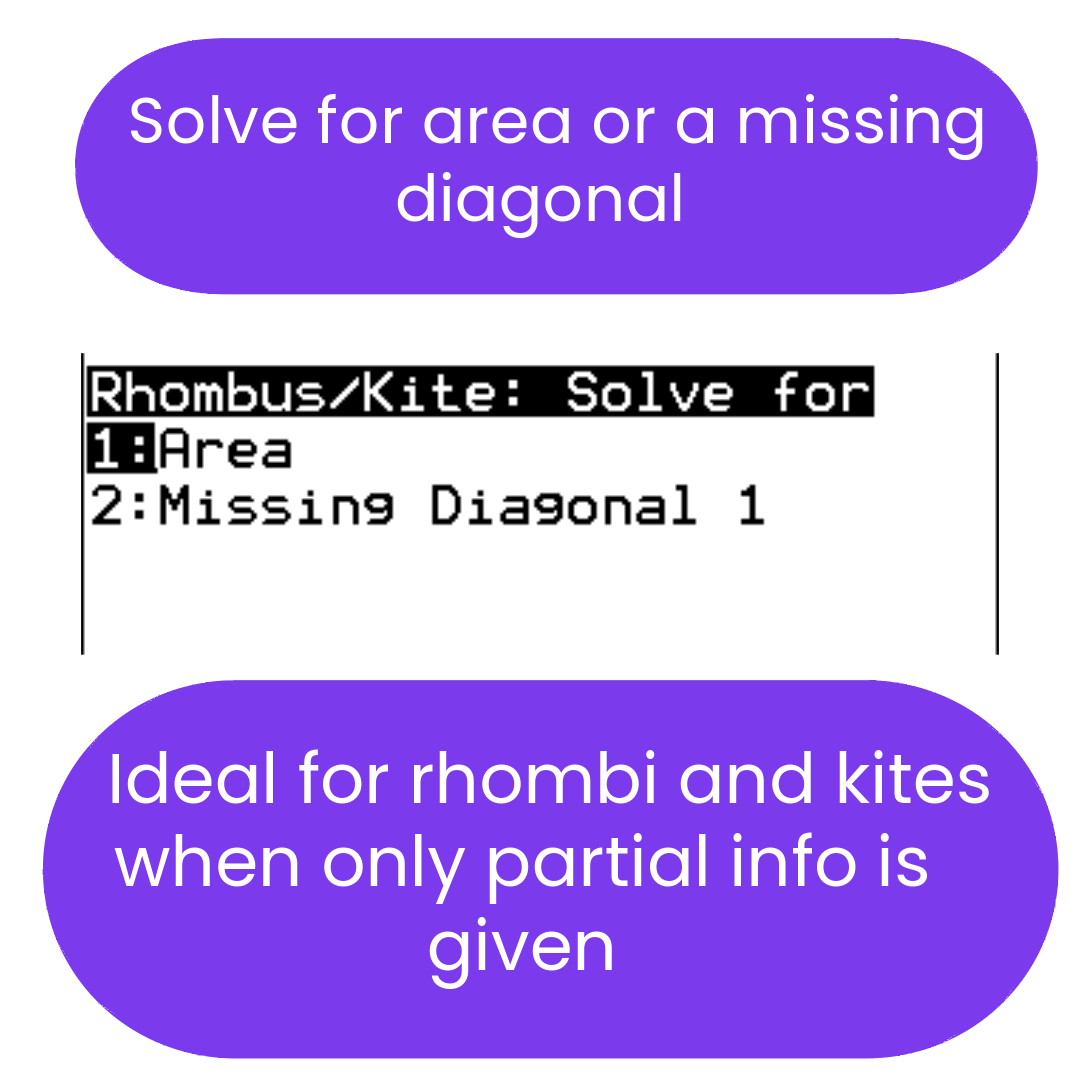 Text instructions for solving for area or a missing diagonal in a rhombus or kite shape.