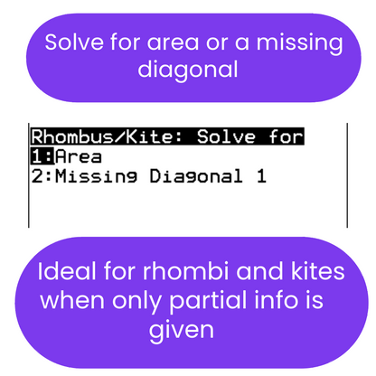 Text instructions for solving for area or a missing diagonal in a rhombus or kite shape.