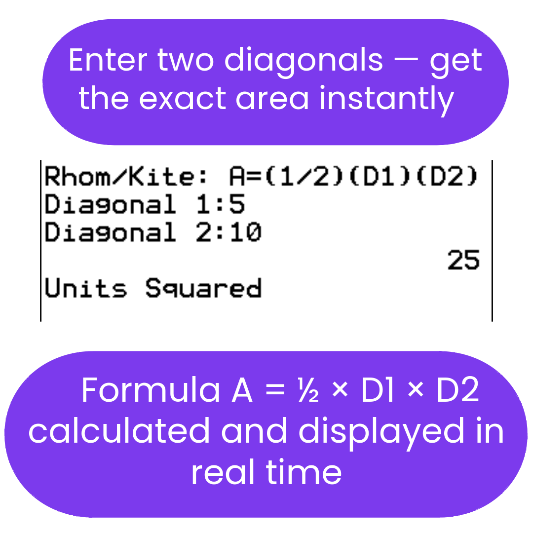 Calculation of area for a rhombus or kite using two diagonals.