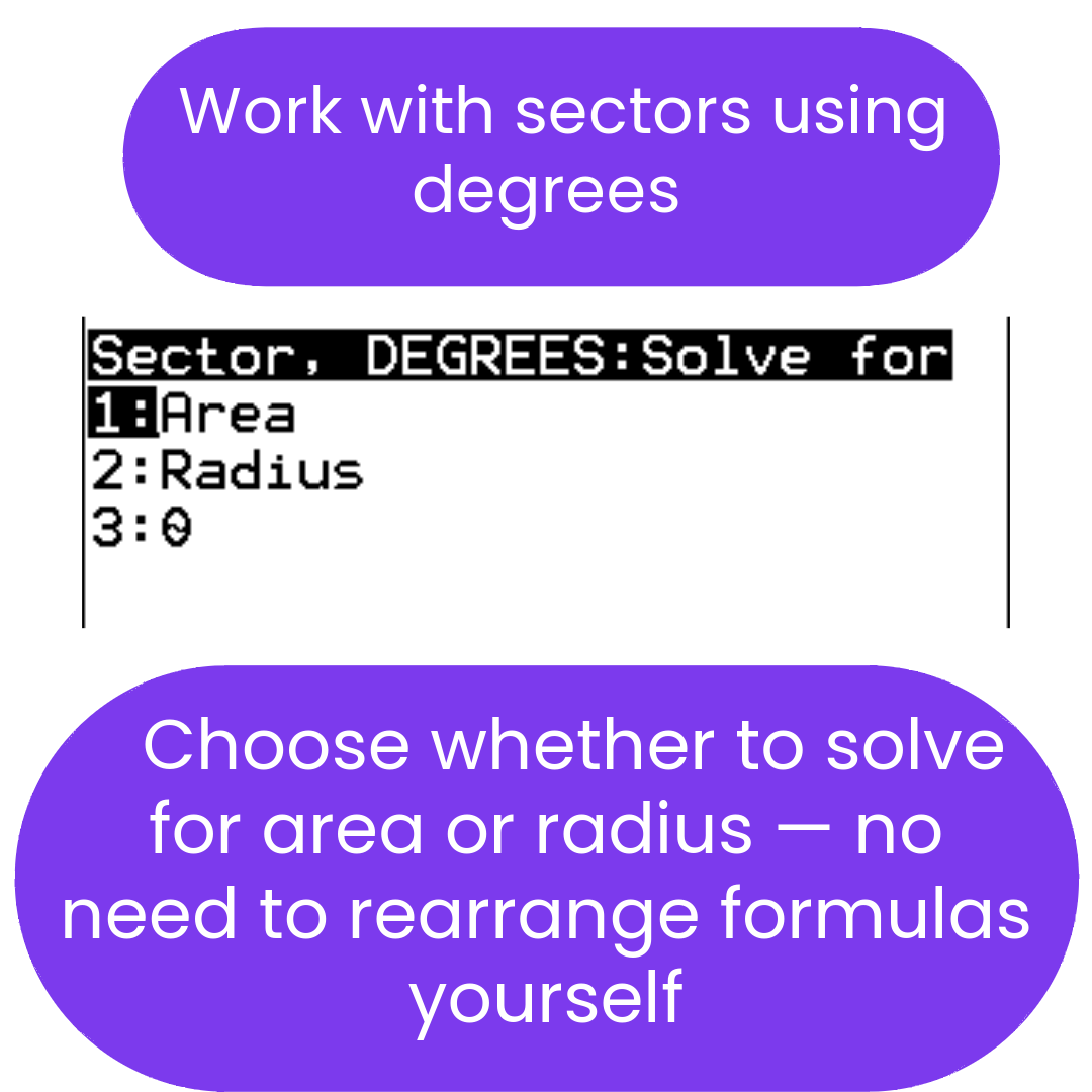 Instructions for solving for sector area or radius using degrees.
