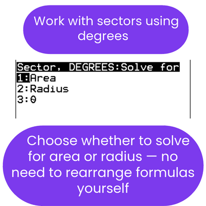 Instructions for solving for sector area or radius using degrees.