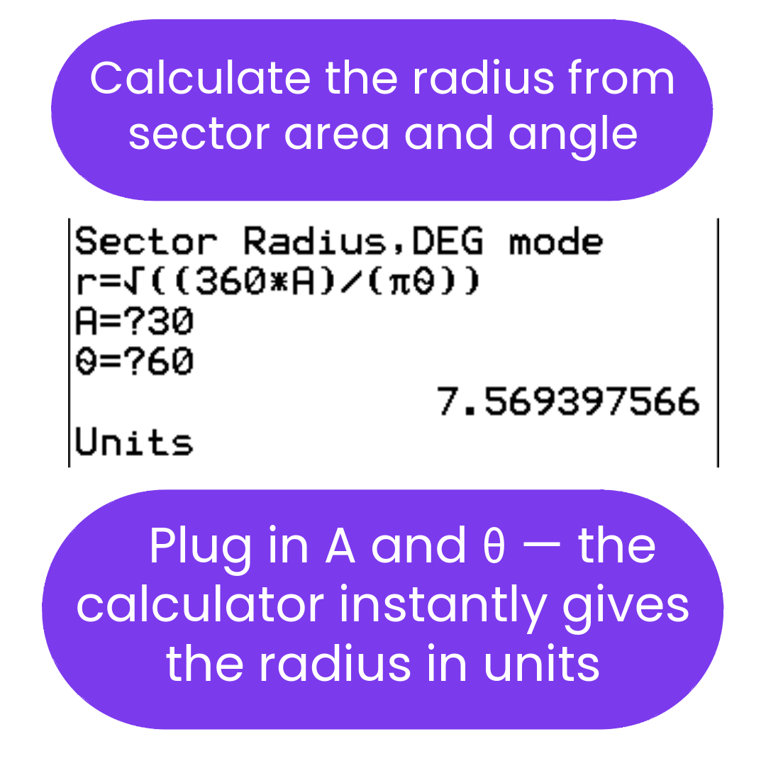 Instructions for calculating sector radius from area and angle.