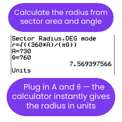 Instructions for calculating sector radius from area and angle.