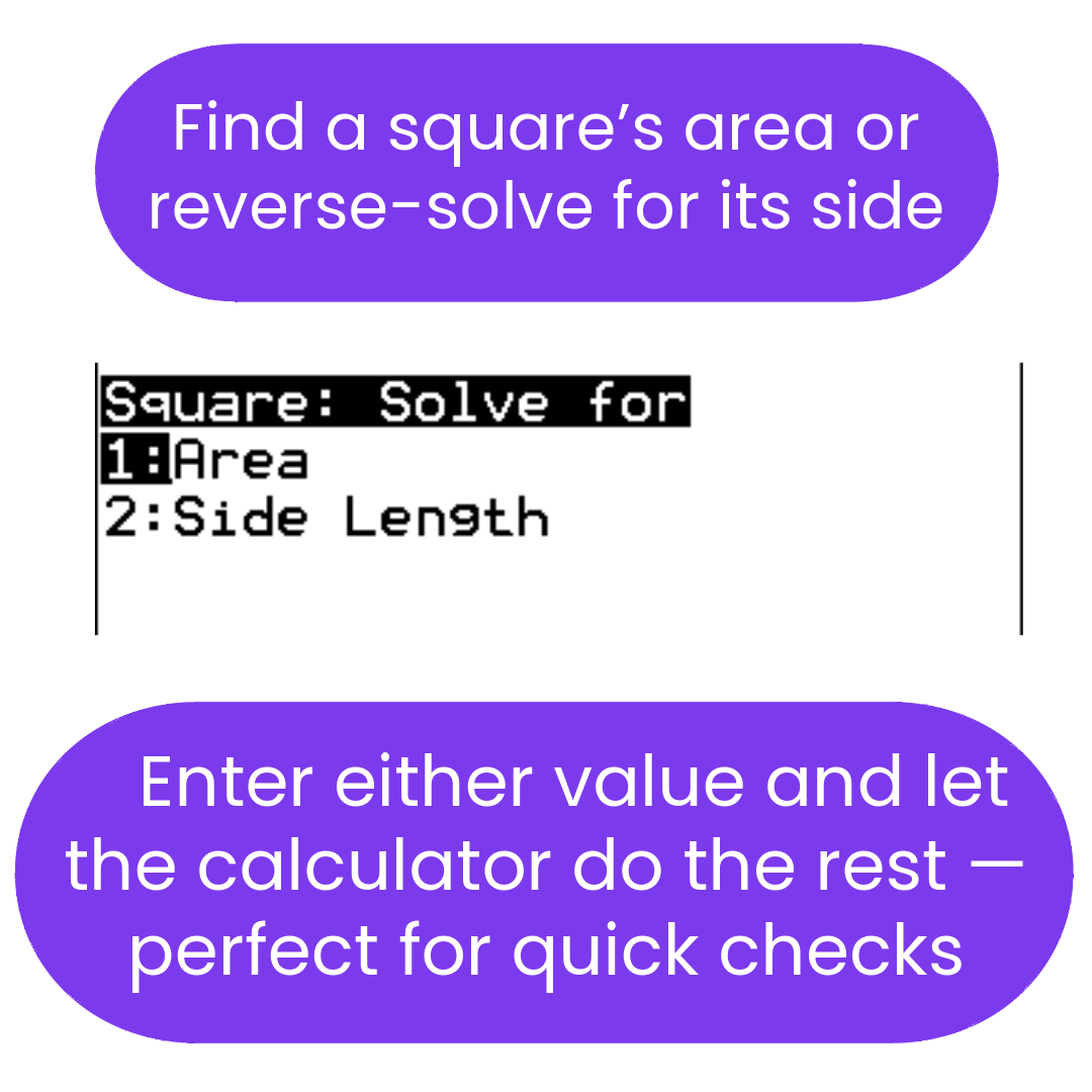 Calculator interface for solving square problems with area and side length options.