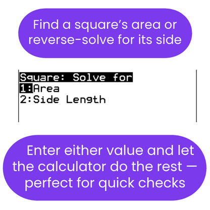 Calculator interface for solving square problems with area and side length options.