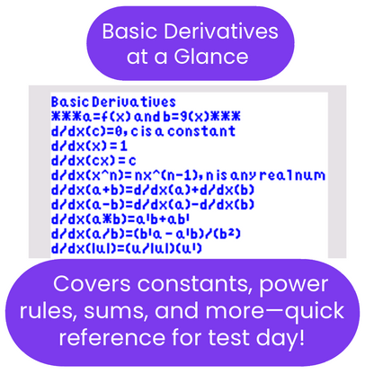 Sheet with basic derivative rules on a white background with purple borders.