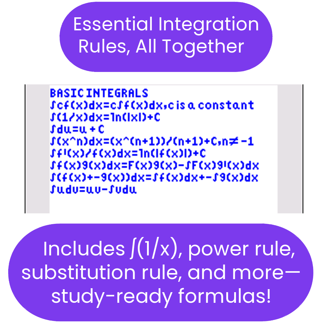 ti84 program with integration formulas on a purple background