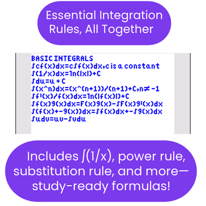 ti84 program with integration formulas on a purple background