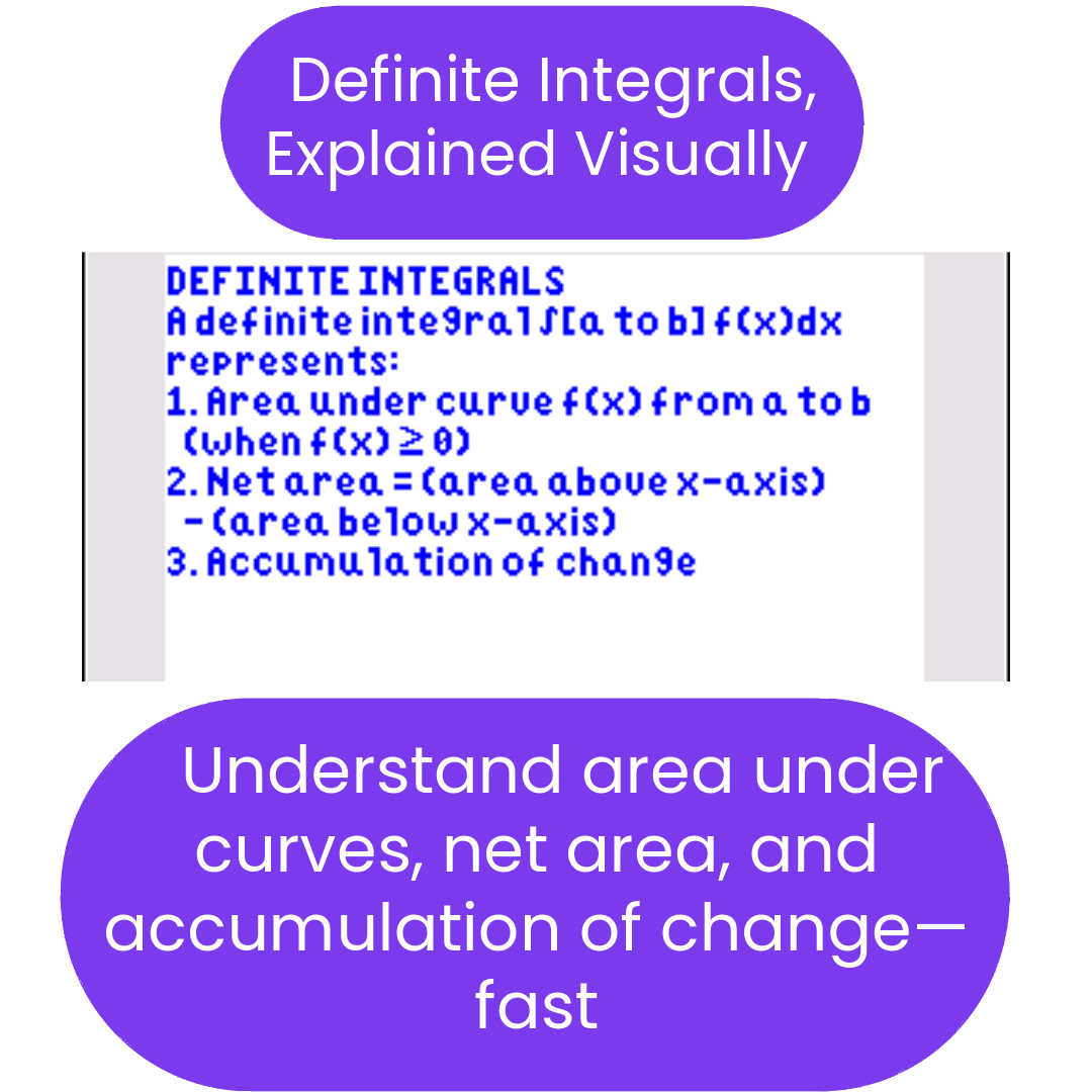 Educational graphic explaining definite integrals with text and purple backgrounds.