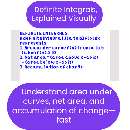 Educational graphic explaining definite integrals with text and purple backgrounds.